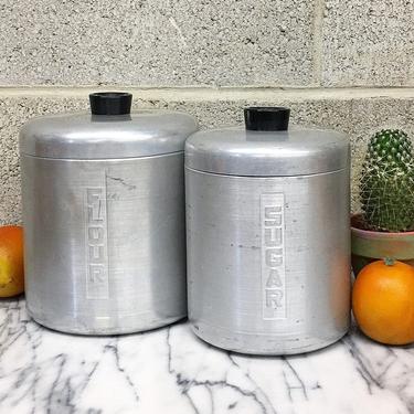 Vintage Canister Set 1950s Century + Silver Aluminum + Flour + Sugar + Cylinder Shaped + Set of 2 + Kitchen Storage Containers + Home Decor 