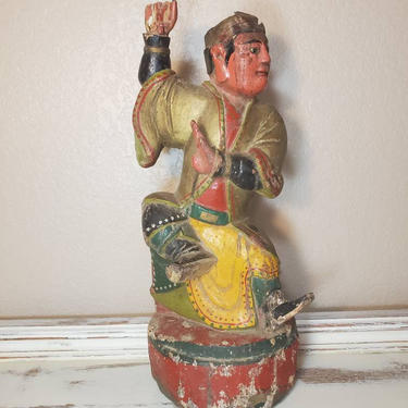 Antique Chinese Hand Carved Polychrome Painted Temple Figure 