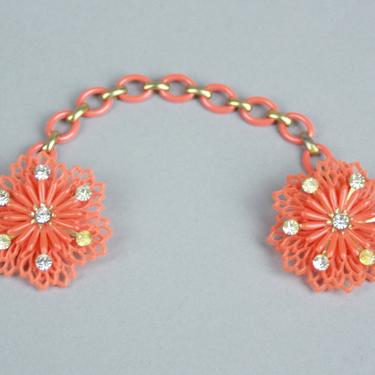 1960s CORAL Sweater Guard with RHINESTONES | Vintage 50s 60s Sweater Clip in Peachy Orange Plastic with Chain 