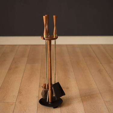 Mid-Century Modern Brass Three-Piece Standing Fireplace Tool Set 