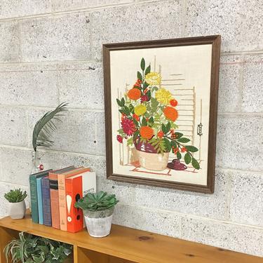 Vintage Crewel Embroidery Retro 1980s Large Size Crewel in Frame With Yellow + Red + Orange + Green + Purple + Flowers Fiber Wall Art Decor 