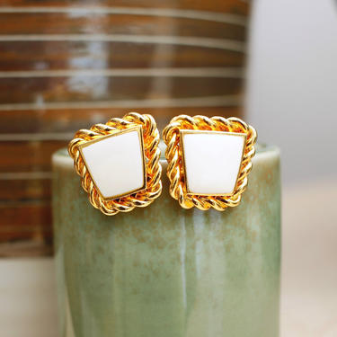 Vintage 1990s Anne Klein Earrings - White &amp; Gold Enamel Large Stud Trapezoid Earrings 