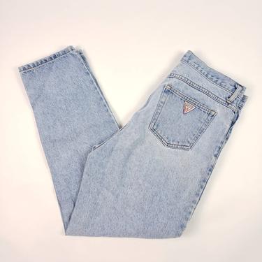 80s Vintage Guess Jeans 32x30 High Waisted Button Fly Tapered Fit Medium Wash Denim Mom Jeans Made in USA 
