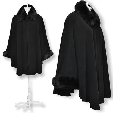 Vintage Womens Black Cape with Faux Fur Trim Wool Blend Winter Swing Coat 1x/2X 