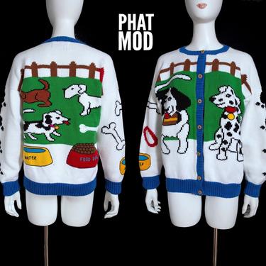 AWESOME Kitschy Vintage 80s 90s Dog Themed Novelty Cardigan Sweater by Cotton Salsa 