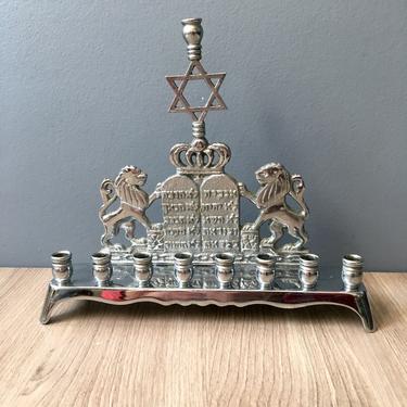 Vintage menorah with lions of Judah - crown - commandments - Hanukkah 