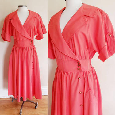 1980s Coral Orange Red Cotton Dress / 80s Short Sleeved Dress Wrap Closure Large Collar N.R.1 Ned Gould I Magnin / Large / Lea 