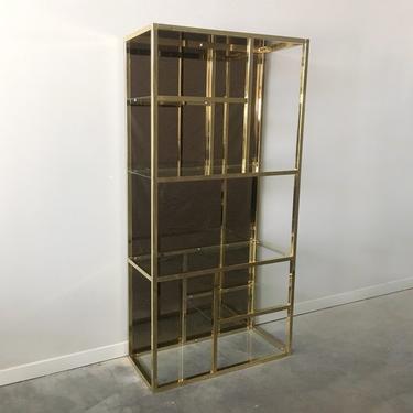 vintage mid century modern brass + glass display shelf.
