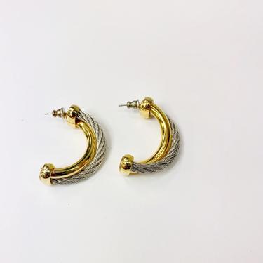 Vintage 90's Gold Silver Twisted Wire Semi Hoop Earrings 