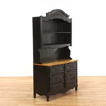 Black Carved 6 Drawer Dresser W/ Top Bookshelf Hutch