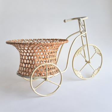 Vintage Bicycle Woven Cane Plant Stand | Wicker Rattan and Metal 