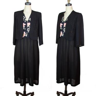 1940s Dress ~ Floral Cold Rayon and Black Faux Bolero Dress Soutache Trims 