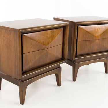 United Furniture Mid Century Diamond Walnut Nightstands - Pair - mcm 
