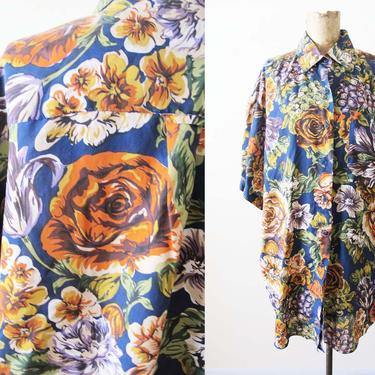 Vintage Floral Silk Shirt Long M L - 90s Collared Silk Button Up Shirt - Baggy Muted Flower Print Blouse - Oversized Silk Shirt 
