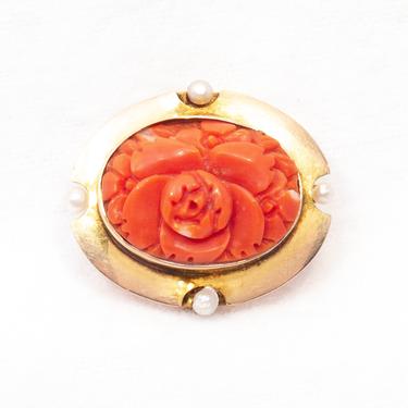 Carved Coral Flower Brooch with Pearls