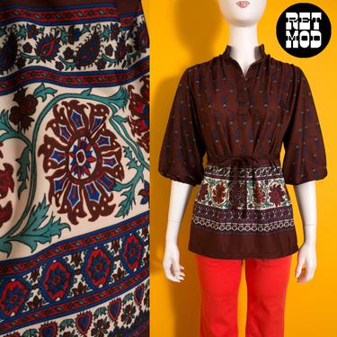 Vintage 70s Brown Maroon Blue Paisley Print Hippie Blouse with Matching Tie 
