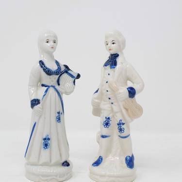 Pair of Vintage White Porcelain Victorian Figurines with Blue Details 