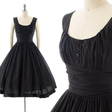 Vintage 1950s Sundress | 50s Black Cotton Circle Skirt Gathered Bust Fit and Flare Day Dress with Pockets (x-small/small) 