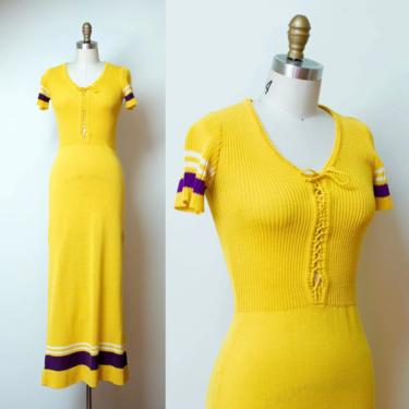 1970s Knit Dress \ 70s Sporty Lace Up Sweater Dress 
