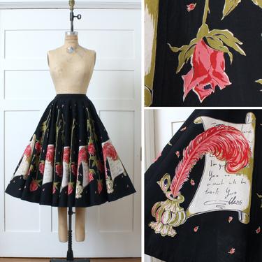 iconic Vintage 1950s love letters skirt • black &amp; pink roses rare 20 panel full cut novelty print skirt • Elvis Love Letters 