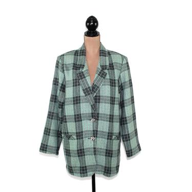 80s Oversized Blazer XL, Gray & Mint Green Plaid Wool Blazer Women, Long Shoulder Pad Pockets 90s Grunge Jacket Flannel Vintage Clothing 