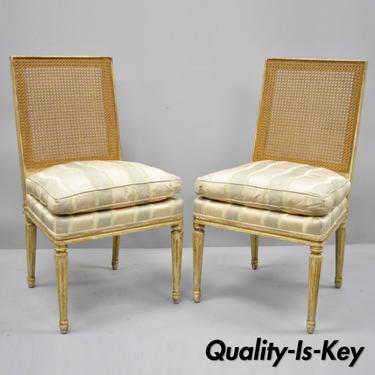 Pair Nancy Corzine Gabriella French Louis XVI Style Distressed Cane Dining Chair