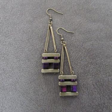 Minimalist earrings, brutalist earrings, mid century modern earrings, bold statement earrings, purple hematite, unique chic brass earrings, 