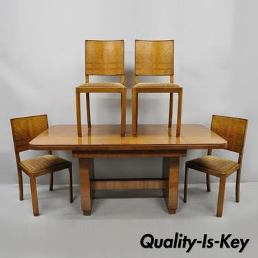Antique French Art Deco Mahogany Inlaid Dining Set 4 Side Chairs w/ Dining Table