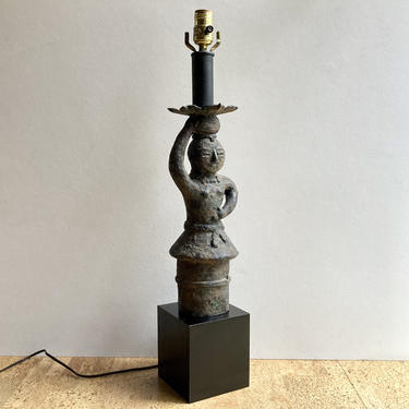 Cool Vintage Japanese Patinated Bronze Primitive Haniwa Figure Table Lamp, 1950s 