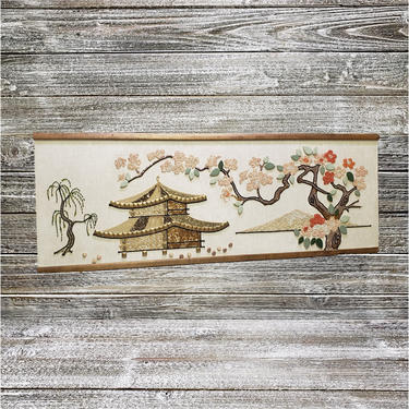 Vintage Gravel Art, Buddhist Pagoda Gravel Art, Mid Century Modern Pebble Gravel Mosaic, Asian Landscape, Framed Art, Vintage Home Decor 