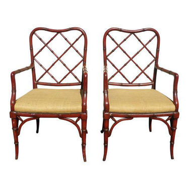 Pair of Vintage Chinese Chippendale Faux Bamboo Carved Wood Arm Chairs 