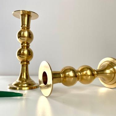 Vintage Sphere Shaped Brass Candle Holders | Bulbous Brass Candlestick Holders 