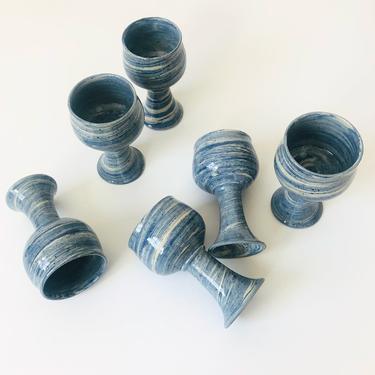 Set of 6 Vintage 1970s Blue Swirl Studio Pottery Goblets 