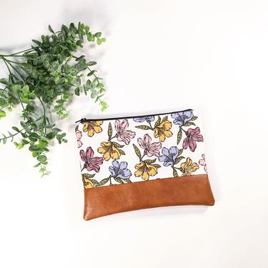 Retro Floral Makeup Bag: Flowers/ Travel Pouch/ Vegan Leather 