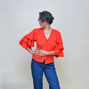 vintage 70s red ruffle blouse 1980s ruffled top shirt 1970s silky puff sleeves pearl button up s/m 
