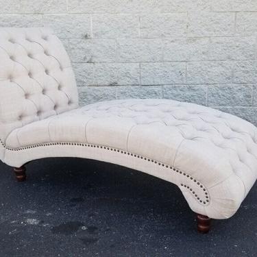 Vintage Hollywood Regency Styled Scrolled Cream Tufted Linen Chaise Lounge