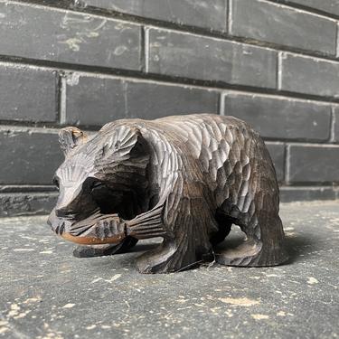 Vintage Japanese 1950s Hand-Carved Bear with Fish Sculpture Figure Mid-Century 