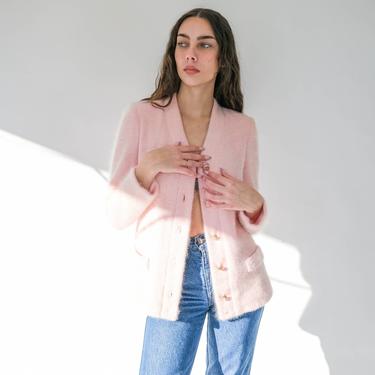 Vintage 60s MISS I.MAGNIN Light Pink Mohair Jacket w/ Gold Rhinestone Framed Crystal Ball Buttons | 1960s Designer Cashmere Mohair Jacket 