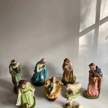 Vintage Nativity Italian Chalkware Plaster Figures Mary Joseph Baby Jesus and Wise Men 