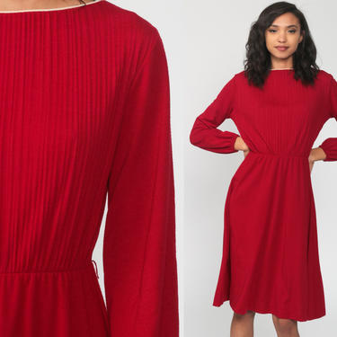 Plain Red Dress 70s Midi Burgundy Day Dress Knife Pleated High Waisted 80s Secretary 1970s Vintage Long Sleeve Bohemian Small 