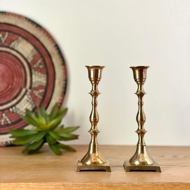 Vintage Pair of Brass Candlesticks, Set of Two Gold Candleholders For Tapers 