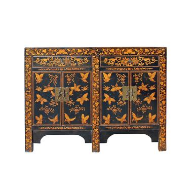 Chinese Black Golden Butterflies Oriental Graphic Side Table Cabinet cs5403S