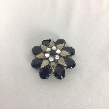 Vintage 50s brooch | Vintage black silver floral shaped rhinestone brooch | 1950's bead rhinestone costume jewelry brooch 