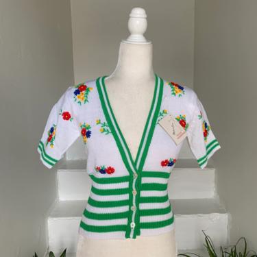 1970s Unworn Cropped Sweater Floral Embroidery &amp; Stripes 36 Bust Vintage 