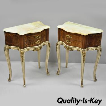 Pair of French Louis XV Style Small Petite Onyx Top Inlaid Bombe Nightstands