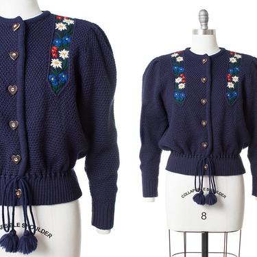 Vintage 1930s Style Cardigan | 80s Austrian Floral Embroidered Navy Blue Knit Wool Drawstring Tassels Sweater (medium/large) 