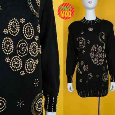 Funky Vintage 80s 90s Black with Gold Grommet Beaded Circles Oversized Sweater 