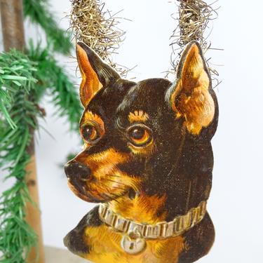 Early 1900's French Doberman Pinscher Dog Embossed Die Cut Scrap and Tinsel Christmas Ornament, Antique Decor 