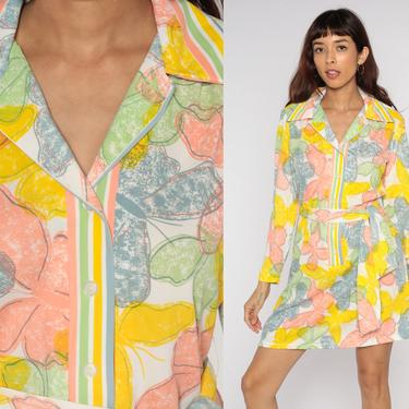 70s Butterfly Dress Shift 60s Mod Mini Yellow Button up Psychedelic Print Hippie Long sleeve Vintage 1970s Minidress Retro Medium 