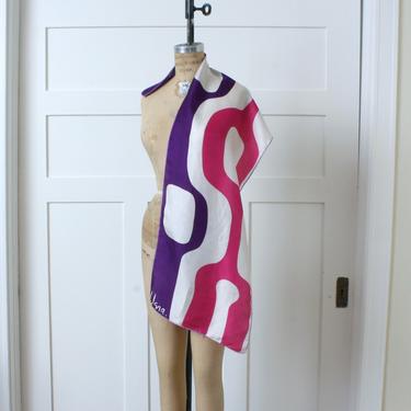 vintage 1960s Vera mod silk scarf • purple &amp; hot pink abstract print long scarf 
